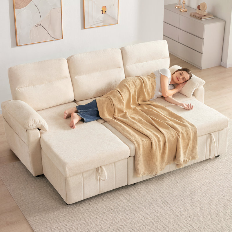84'' Upholstered Sleeper Sofa L Shape Sofa Bed With Storage and USB, Cream