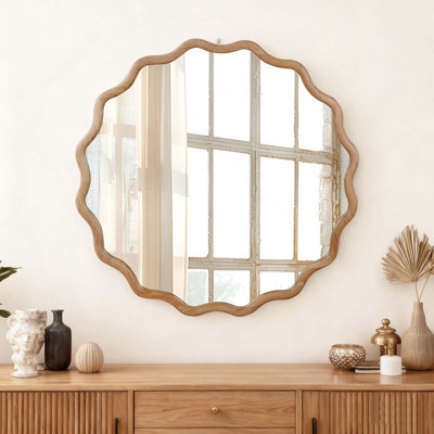 Wavy Round Solid Wood Frame Decorative Mirror For Bedroom, Bathroom, Living Room, Entryway