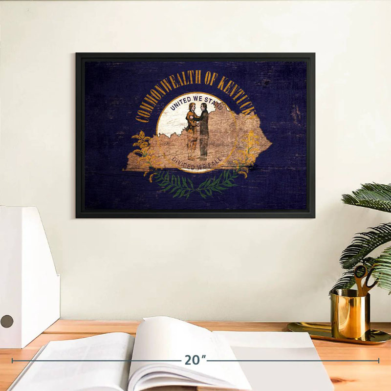 State Map Over Kentucky Flag, Floating Frame Black, 13" X 9"