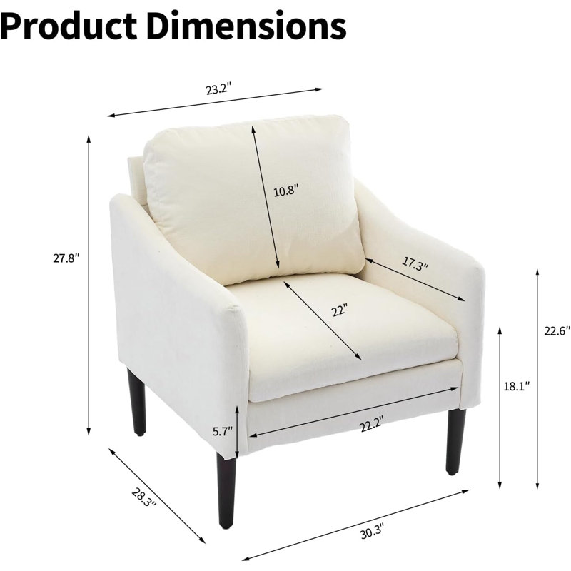 2PCS Mid Century Modern Accent Chair, Chenille Fabric Armchair with Curved Arms, Upholstered Reading Chair, Beige