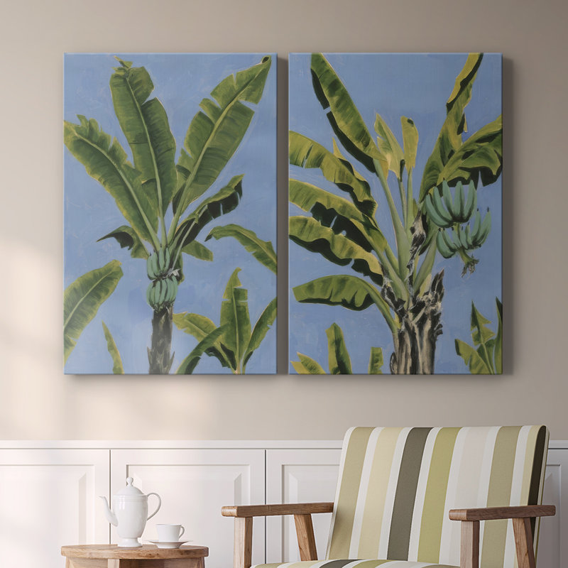 Feuilles de bananier sur toile tendue bleue I-Premium - prête à être accrochée, H 48 po x l 64 po