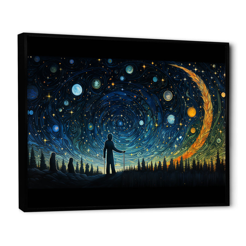 «Yellow and Blue Night Skies Planets», art mural de la planète espace, Cadre flottant noir, H 30 po x l 40 po x P 1,5 po
