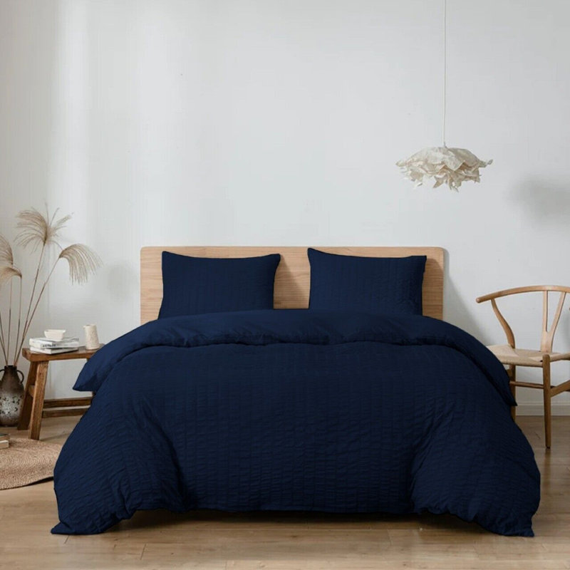 Seersucker Duvet Cover Set with Pillowcases, Single, Navy Blue