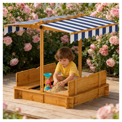 Bac à sable en bois pour enfants avec auvent réglable et housse en tissu en bleu, brun et blanc
