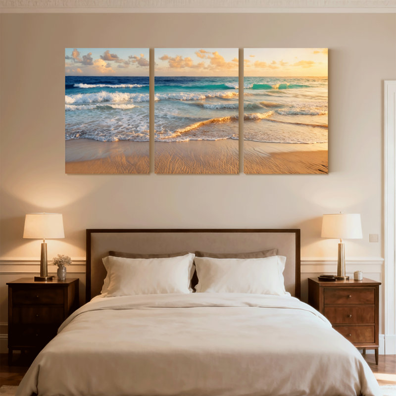 Plage, coucher de soleil, océan, vagues, plage, sable, ciel, nuages, horizon, ensemble de 3 impressions sur toile