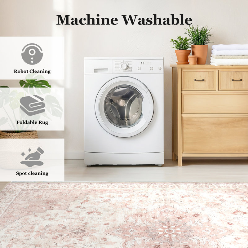 Oriental Inspired Vintage Machine Washable Area with Non-Slip Backing for High Traffic Area, Living Room, Bed Room, Kitchen, Hallway, Entryway Rug