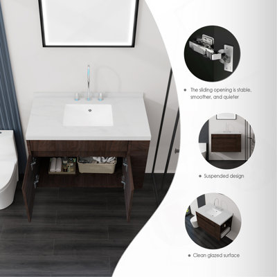 Meuble-lavabo flottant 36 po avec lavabo 36 po, porte à fermeture douce, comptoir et dosseret en marbre de culture blanc Carrara 2 po