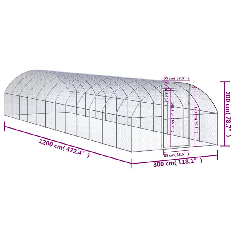 Cage à poulet résistante aux intempéries, Argent, H 78,7 po x l 118,1 po x L 472,4 po