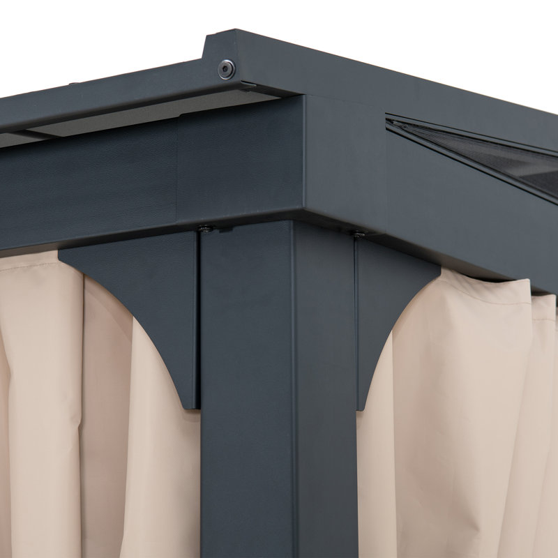 Sunjoy 12' x 14' Black Aluminum Wall-Mounted Gazebo with Curtains
