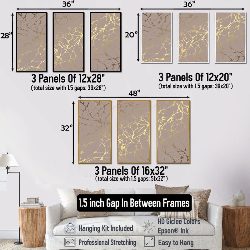 «Golden Marble Design II», reproduction de photo sur toile 3 pièces, H 28 po x l 36 po x P 1 po, Cadre noir