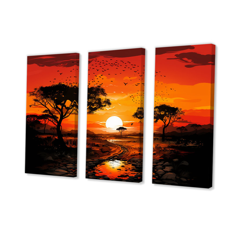 Arbre africain, safari au coucher du soleil - art mural Baobab, H 28 po x l 36 po x P 1 po, Toile tendue