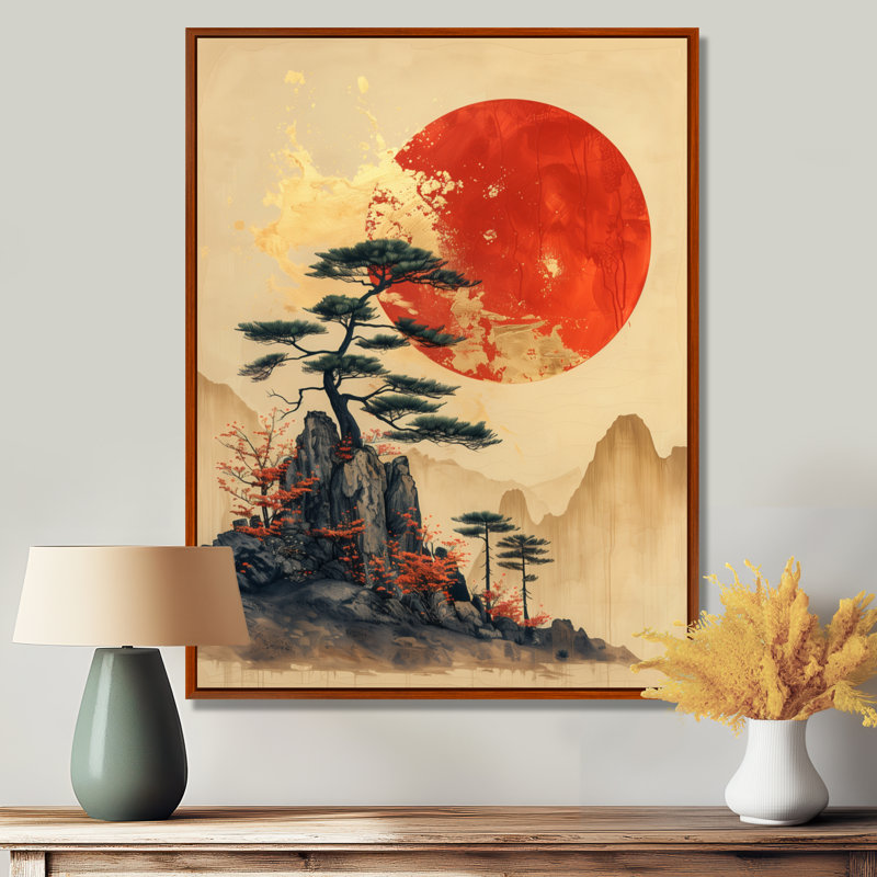 Décoration murale noire, orange, Japon, bonsaï, Japon, Toile avec cadre flottant brun, H 20 po x l 12 po x P 1 po