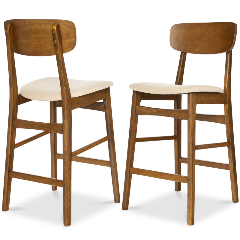  2-Piece Farmhouse Counter Height Bar Stool Set W/ Cushioned Seat, Wooden Backrest - Walnut/Cream