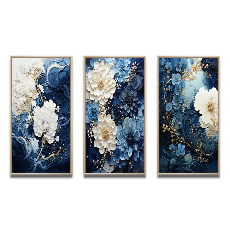 «Spirale d'encre liquide», 3 pièces sur toile, H 20 po x l 36 po, Encadrement brun