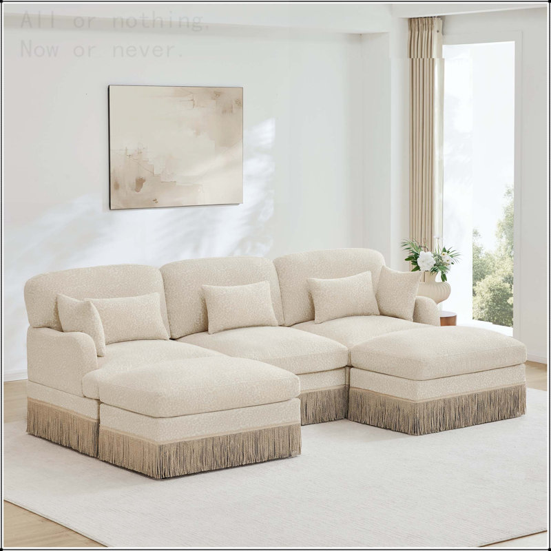Canapé modulaire en chenille à imprimé léopard, 3 Seat U-Shaped, Beige Chenille