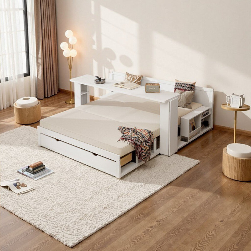 Queen Size 4-in-1 Daybed with Hydraulic Side Table, Removable Desk & Storage Drawers - White, White