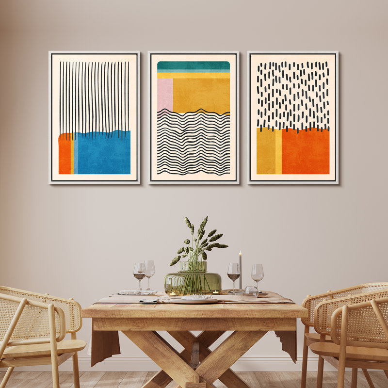 Abstract Vibrant Color Blocks " Mid-century Modern Multicolor Block Colorful Framed Abstract Geometric Canvas Print Wall Art " 3 - Pieces