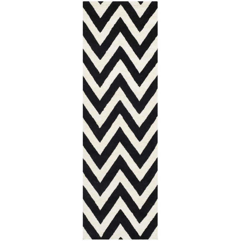 Nero Chevron Wool Hand Woven Area Rug, Runner 76 x 244 cm
