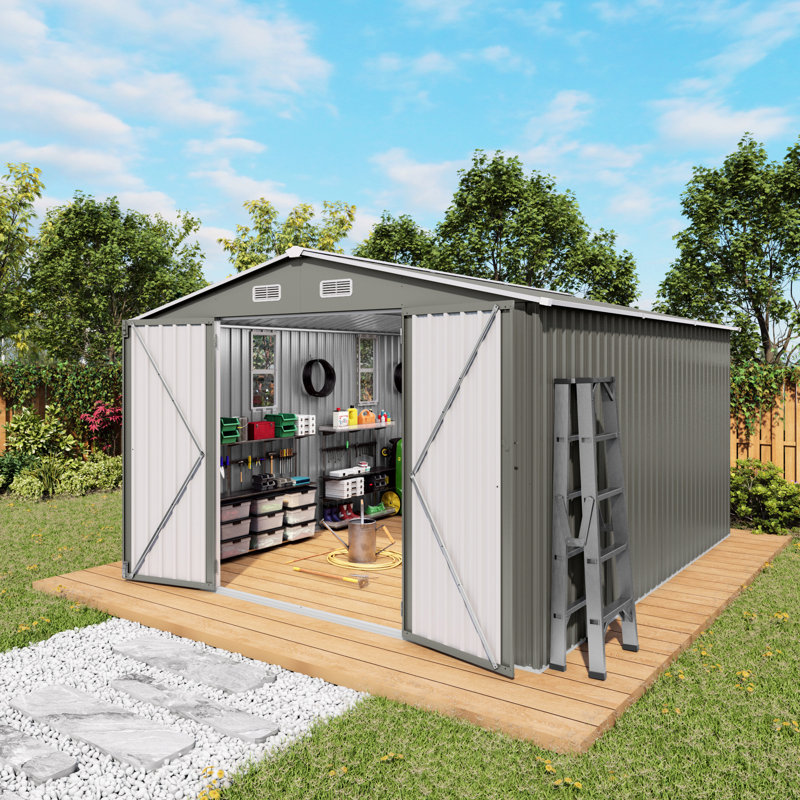 Large Grey Metal Outdoor Storage Shed With Double Door And Windows, Waterproof, For Grill Generator In Backyard Two Waterproof Tool Backyard, Patio, Lawn, Poolside, Grey, Ideal Snow ,