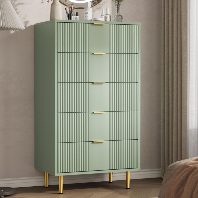Commode 5 tiroirs avec poignées en métal de 44,3 po de hauteur, commode en bois moderne, Vert