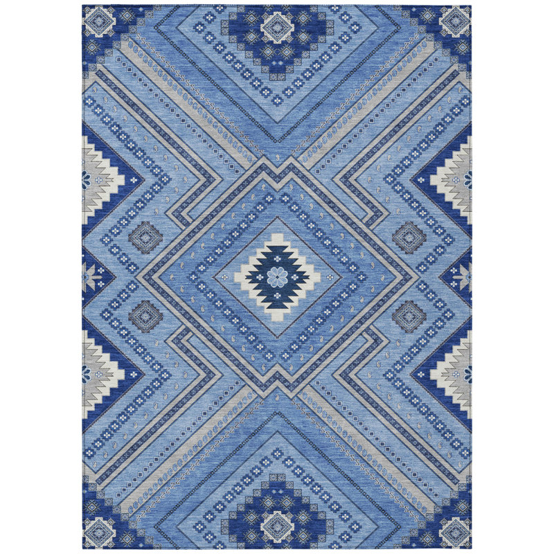 3' X 5' Blue Gray And Ivory Tribal Washable Indoor Outdoor Area Rug