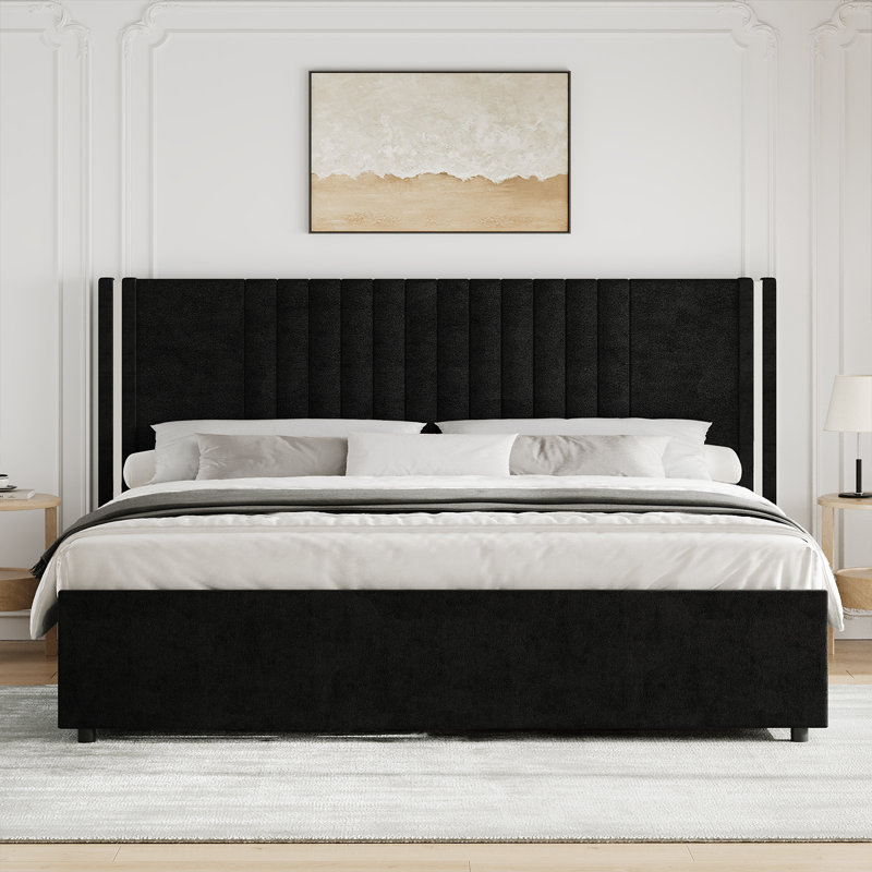 Lit plateforme tapissier Velvet, Très grand lit, Noir