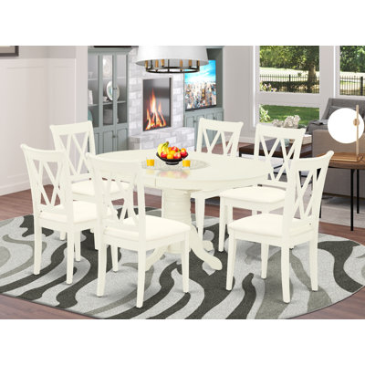7 Piece Dining Room Table Set consists of an Oval Kitchen Table with Butterfly Leaf and 6 Linen Fabric Upholstered Dining Chairs, Linen White