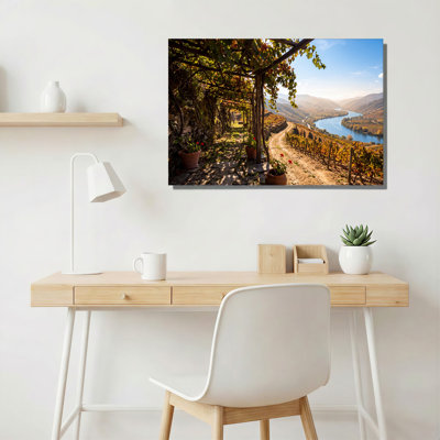 «Vineyard Trellis Path Over donnanting Winding River Valley», art mural
