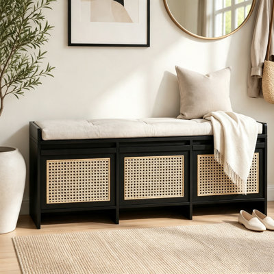 Banc de rangement pour chaussures de 48 po, banc de rangement rétro avec tiroirs en rotin et coussin amovible rembourré à boutons