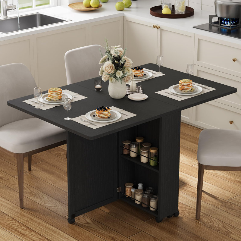 Table de salle à manger pliante avec rangement, 6 roulettes, tiroirs et tablettes, table de cuisine moderne, noir, Black