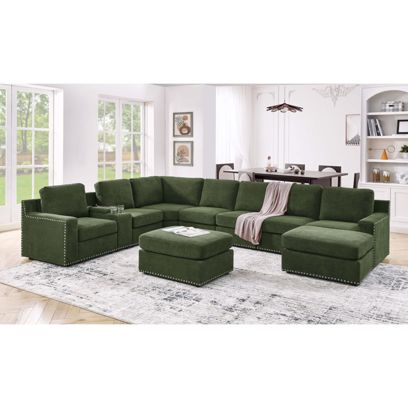 Arhab Upholstered U-Shaped Sectional Reversible, Dark Green Polyester Blend