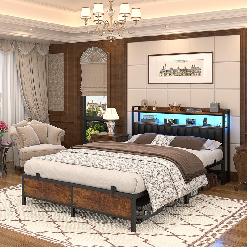 Jaylann Bed Frame with Charging Station, Adjustable Upholstered Faux Leather Headboard and LED Lights, Black, Queen