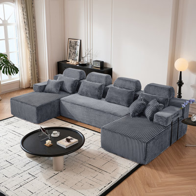 Canapé modulaire en U de 141 po avec méridienne modulaire en U avec méridienne en velours côtelé de 141 po, aucun assemblage requis, gris foncé