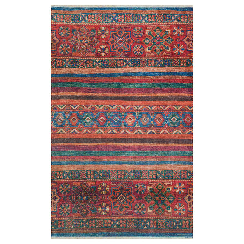 Tapis rouge / bleu en polyester tissé à la machine Trini, Rectangle 5 pi 3 po x 7 pi 7 po