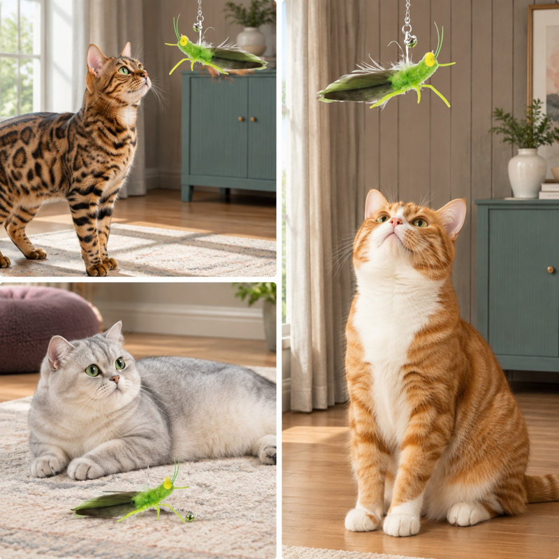Ce lot de 3 recharges de plumes suspendues est orné de motifs de sauterelles et d'insectes, conçues comme embouts de rechange pour baguettes à chat destinées aux chatons et aux petits chats d'intérieur.
