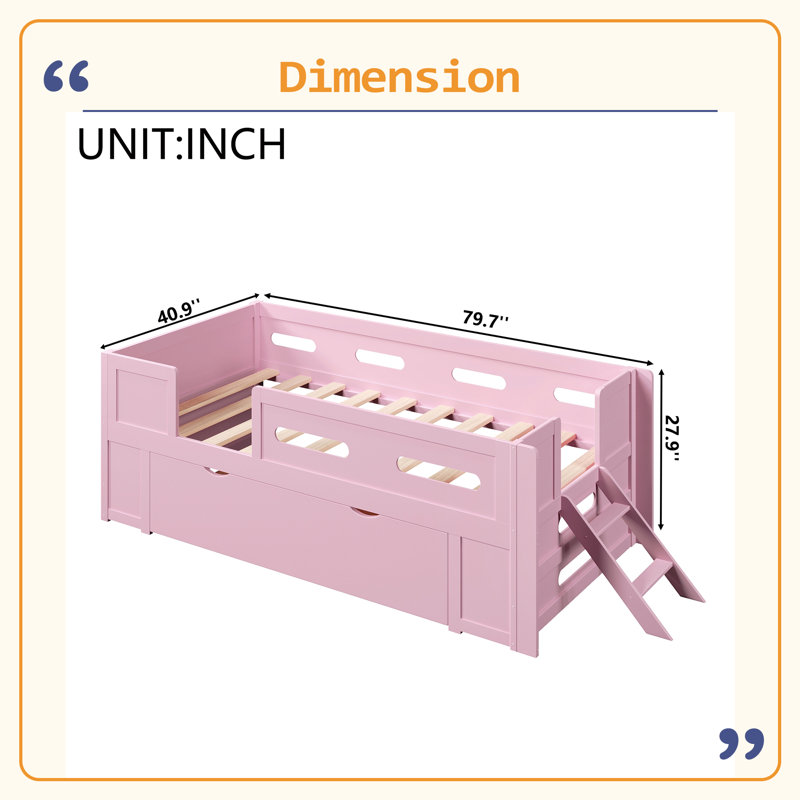 Lit plateforme en bois avec garde-corps et tiroir, Twin, Pink
