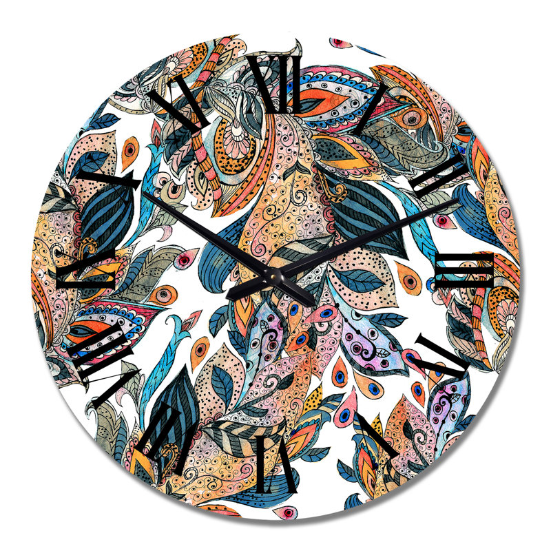 Horloge murale moderne Boho Lucious Floras en orange et vert, Moyenne