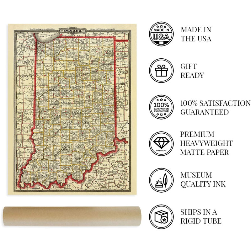 1888 Indiana Map, art mural sur papier, H 24 po x l 18 po x P 0,1 po