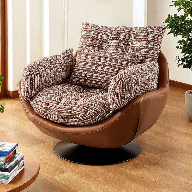 Bedroom Single 360 Rotating Cotton-Linen Recliner, Red/White