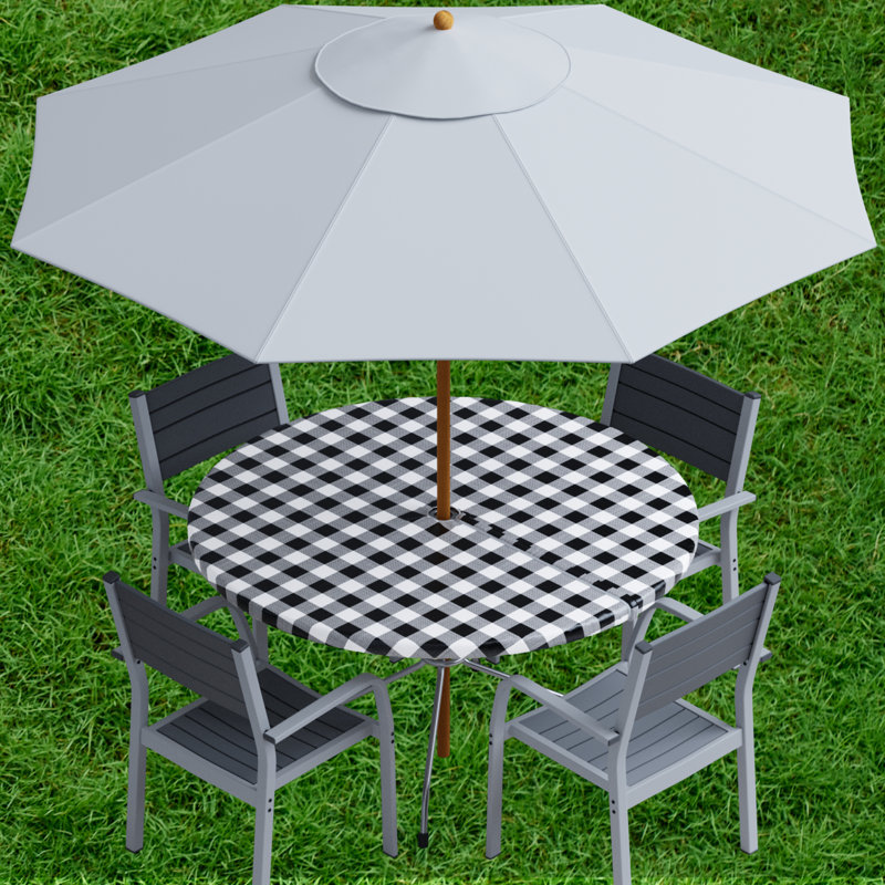 Jevdokija Vinyl Picnic Fited Tableclth With Umbrella Hole 30" Round, Black, 42" x 30"