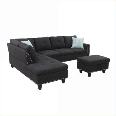 Canapé modulaire de 98 po de large avec repose-pieds avec rangement à gauche | Traditionnel-moderne | Lin | Gris anthracite