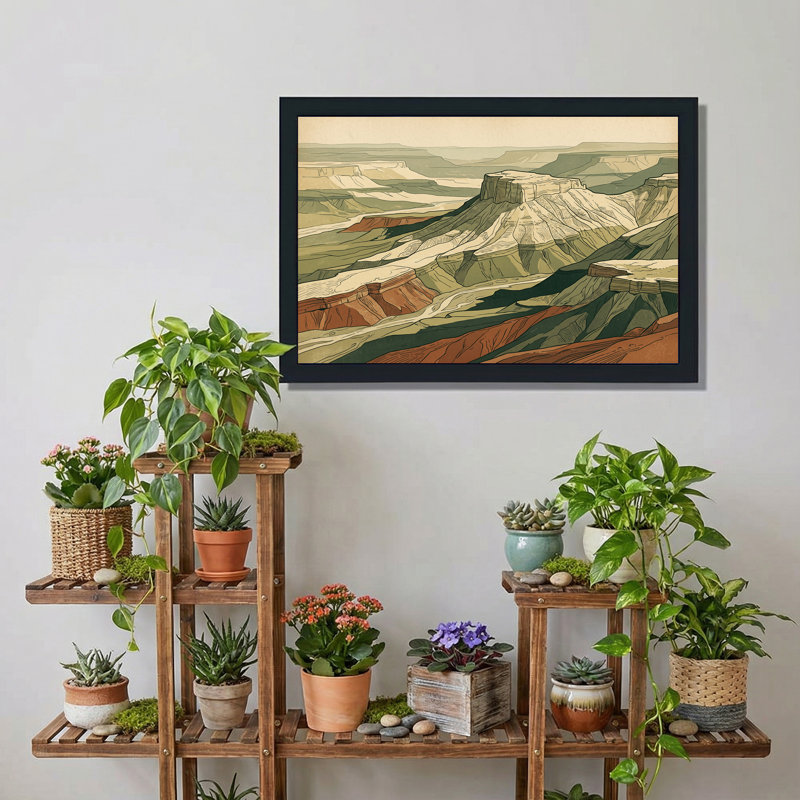 Art mural sur toile stylisé «Mesa Canyon» en vert terreux et rouille, 20"H x 30"W