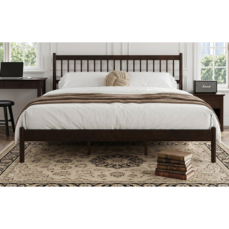 Lit très grand style traditionnel avec tête et pied de lit, lit en bois de pin avec cadre de lit renforcé, brun