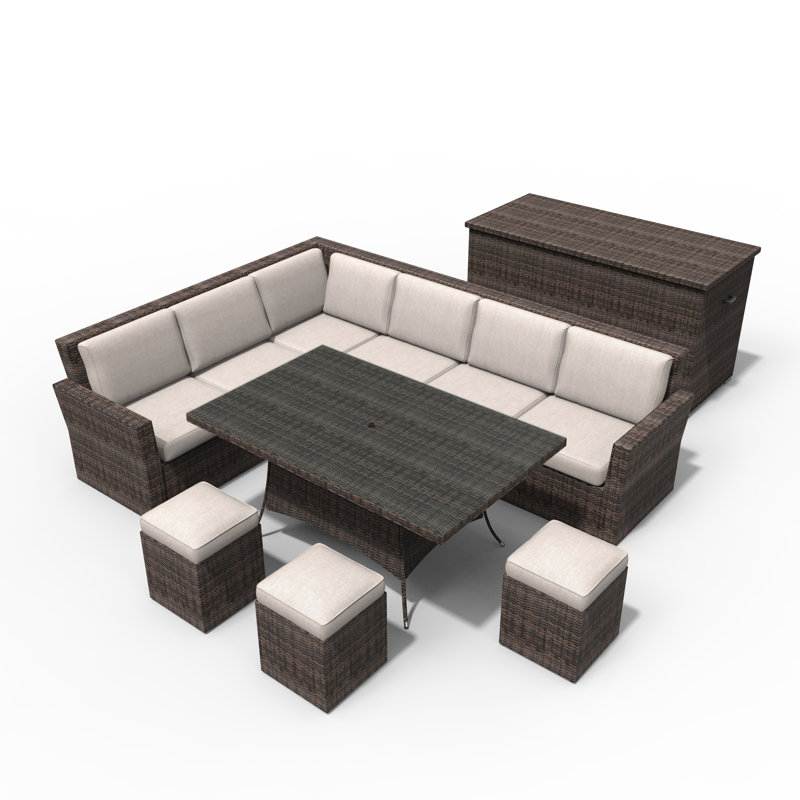 Wicker 9 - Person Patio Conversation Set with Cushions, Beige, Brown