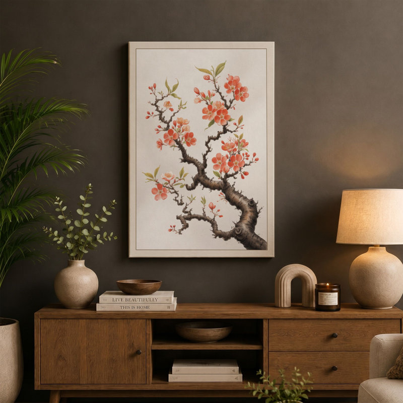 Cherry Blossom Branch Japandi 1 Piece Wrapped Canvas Wall Art, 24x16 - 61.0 x 40.6 cm, White Border