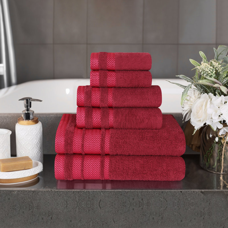 Halia Cotton Solid Dobby Border Plush Soft Absorbent 6 Piece Bathroom Towel Set, Cranberry