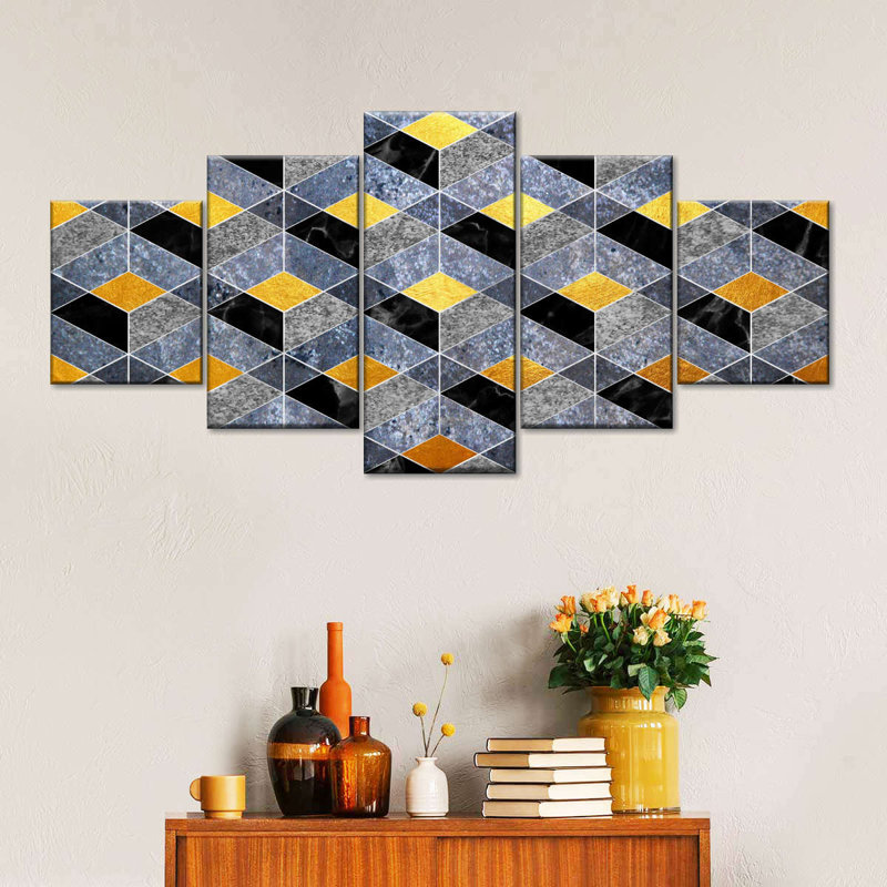 Abstrait géométrique Golden Steps, ensemble de 5 pièces sur toile, H 34 po x l 74 po x P 1,25 po