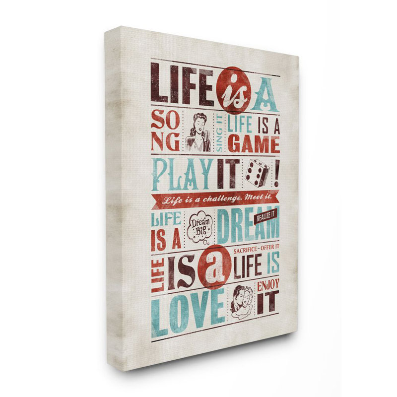 «Life Is a Song Inspirational Comic Book Word Design» par Ester Kay - art textuel sur toile, H 40 po x l 30 po, Toile tendue