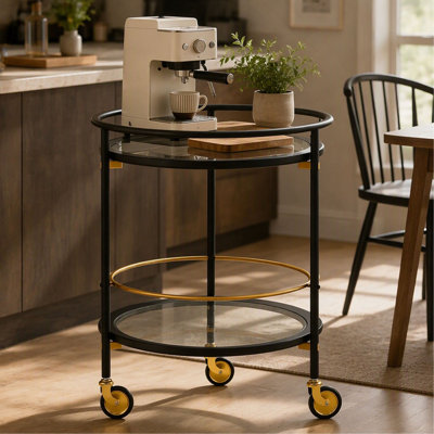 Chariot de bar rond moderne avec étagères en verre trempé et accents dorés pour salon