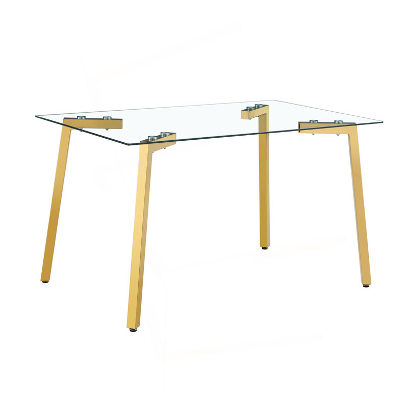 Table de salle à manger rectangulaire moderne en verre de 130 x 80 x 75 cm, avec pieds trempés et dorés transparents, convenant parfaitement aux petits espaces. Table de salle à manger de 130 x 80 x 75 cm